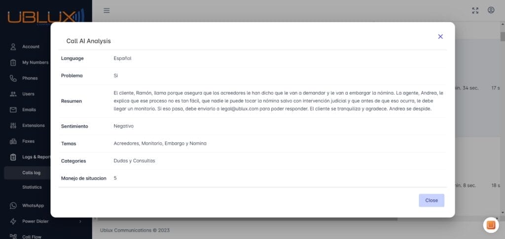 Call AI Analysis ejemplo