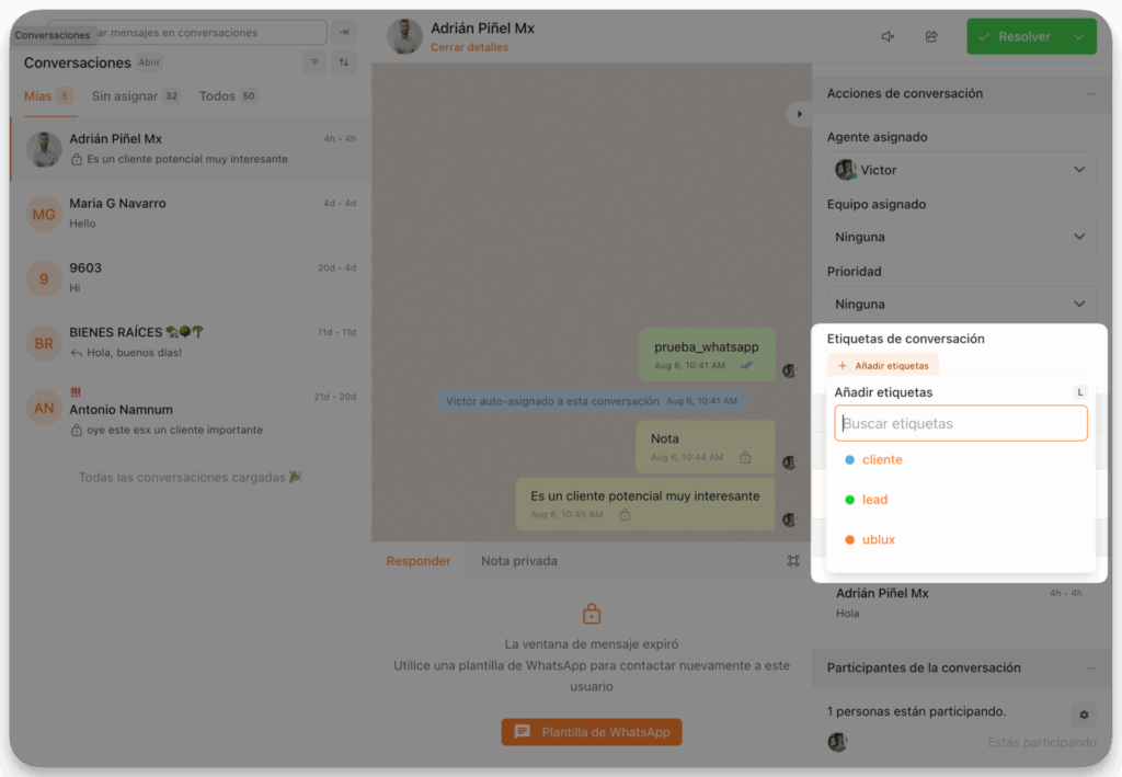 Etiquetar conversaciones WhatsApp API