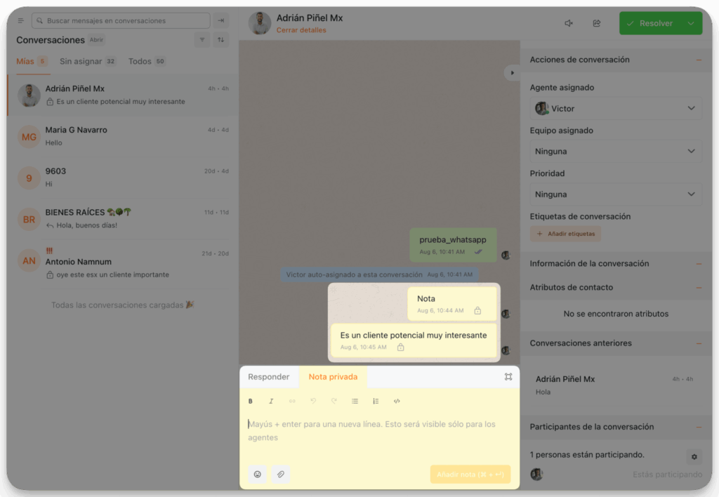 Notas privadas whatsapp business API
